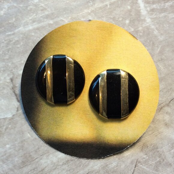 90s Black Gold Stripe Circle Earrings Retro Bold Elegance #VintageChic #90sGlam - Picture 4 of 4